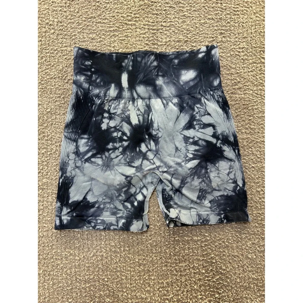 Seamless Tie Dye High Waisted Scrunch Butt Biker Shorts Black Grey Womens Medium